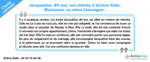 A 89 ans, Jacqueline est cliente à Active Aide pour du maintien à domicile à Nice.